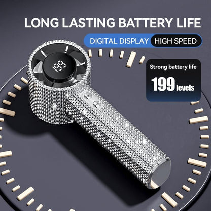 Diamond Luxury Handheld Turbo Fan – 3-Speed Rechargeable Mini Fan with Digital Display & Long Battery Life