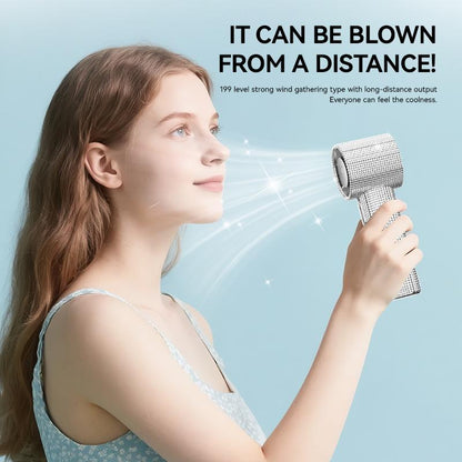 Diamond Luxury Handheld Turbo Fan – 3-Speed Rechargeable Mini Fan with Digital Display & Long Battery Life