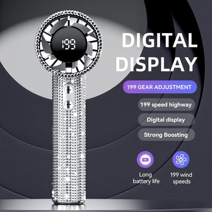Diamond Luxury Handheld Turbo Fan – 3-Speed Rechargeable Mini Fan with Digital Display & Long Battery Life